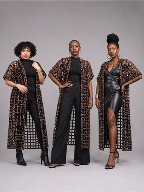 Handmade Patchwork Mesh Jacket Open-Weave Long Duster in Black and Rust
